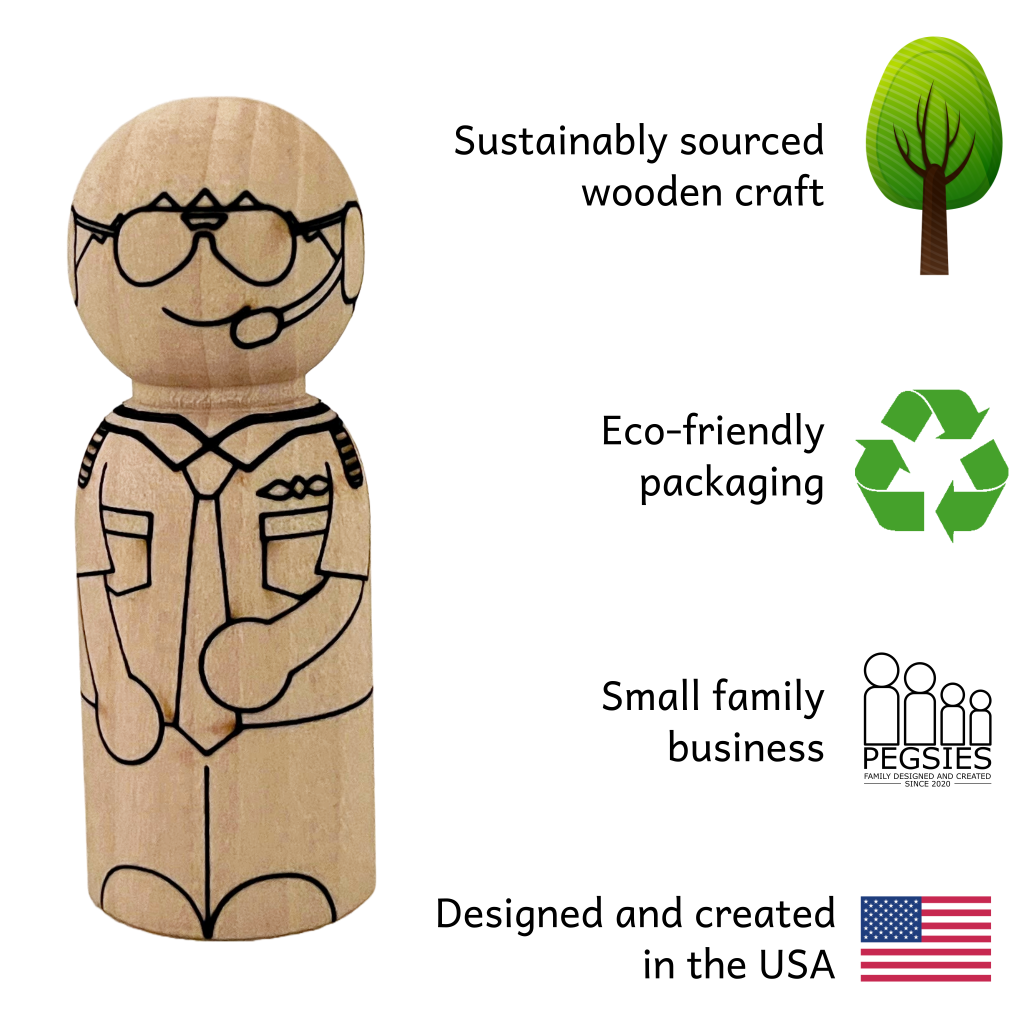 Pegsies Airplane Peg Doll set with wooden airplane, suitcase, pilot, flight attendant, aircraft controller, and passenger