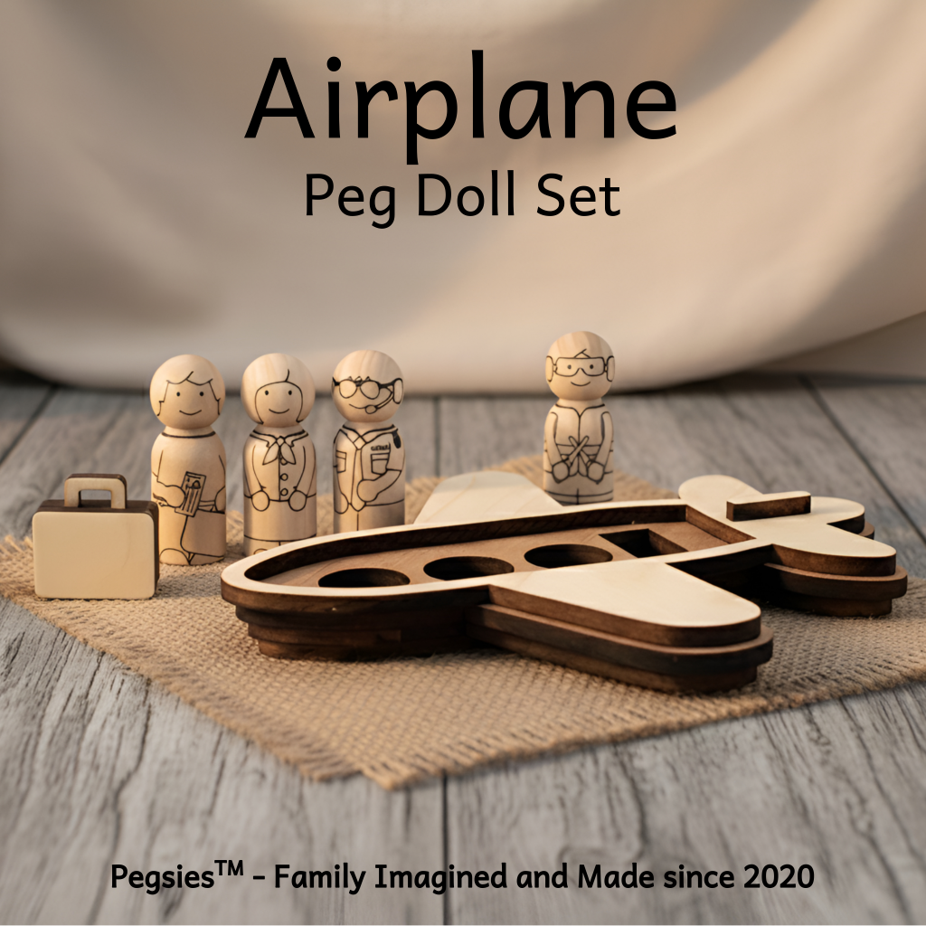 Pegsies Airplane Peg Doll set with wooden airplane, suitcase, pilot, flight attendant, aircraft controller, and passenger