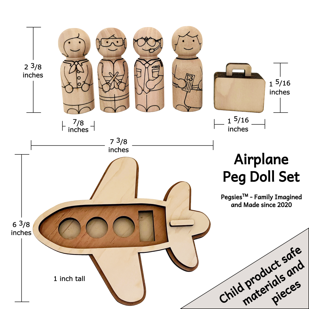 Dimensions of Pegsies Airplane Peg Doll set with wooden airplane, suitcase, pilot, flight attendant, aircraft controller, and passenger