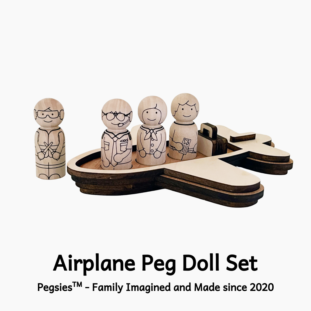 Pegsies Airplane Peg Doll set with wooden airplane, suitcase, pilot, flight attendant, aircraft controller, and passenger