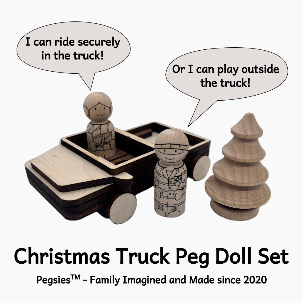 Wooden peg doll truck with two peg doll characters and christmas tree showing that the boy and girl laser engraved peg dolls can securely ride in the truck or play outside the truck