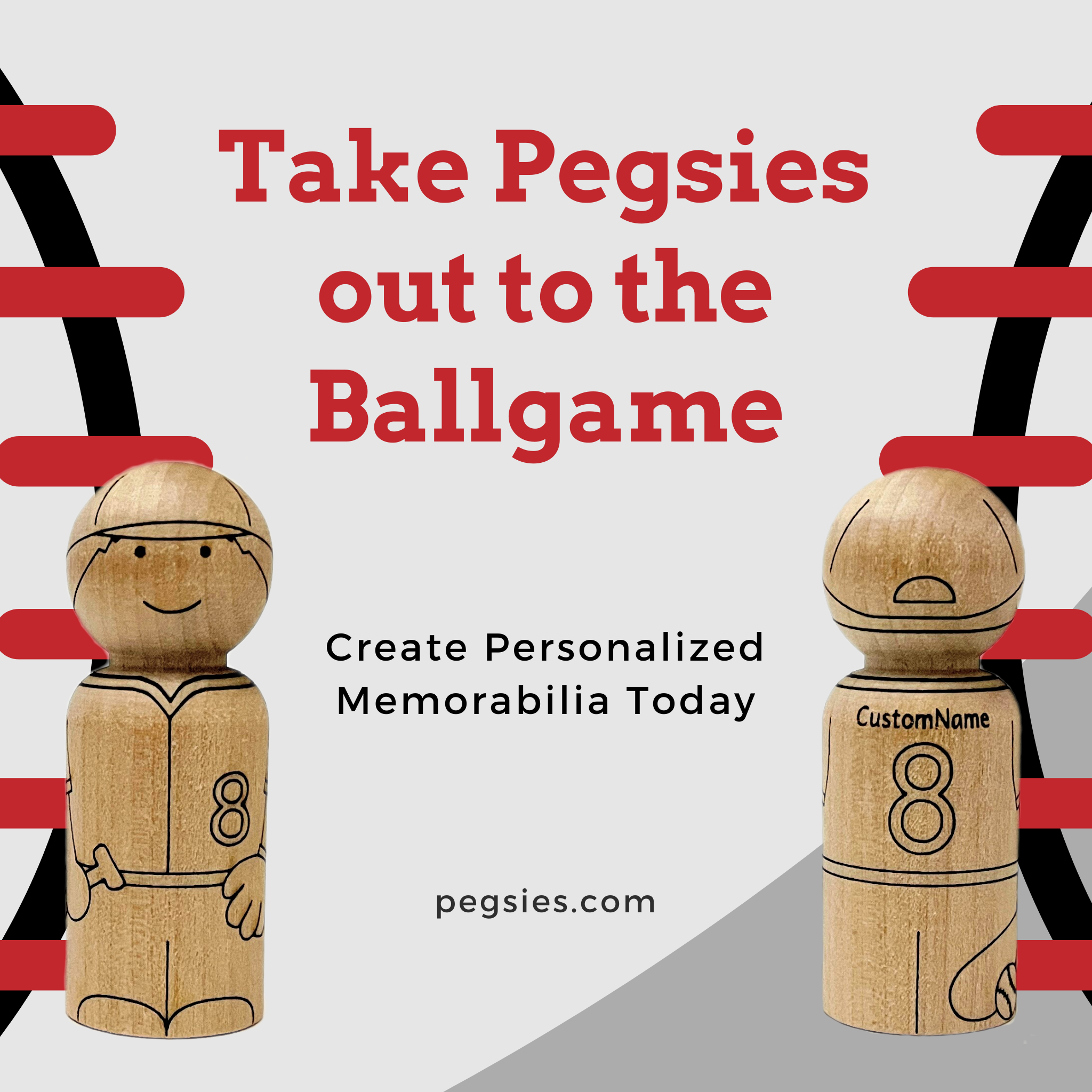 Front and back of wooden peg doll laser engraved to look like a baseball player character on a background of a baseball.